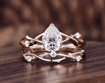 Unique Twig Moissanite Engagement Ring Set 14K Rose Gold Pear Moissanite Ring Art Deco Twisted Vine Wedding Band Anniversary Promise Ring