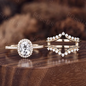 Oval cut Moissanite engagement ring set unique enhancer yellow gold Moissanite Stacking Matching band Vintage Bridal Anniversary ring set