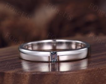 Baguette cut Alexandrite Wedding band for Men for Women 14K White gold retro vintage stacking ring unique couples Anniversary ring gift