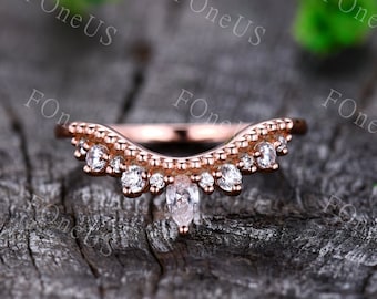 Vintage Moissanite Wedding Band Rose Gold Curved Stacking Ring Unique Pear cut Moissanite Ring 14K Gold Matching Bridal Promise gift