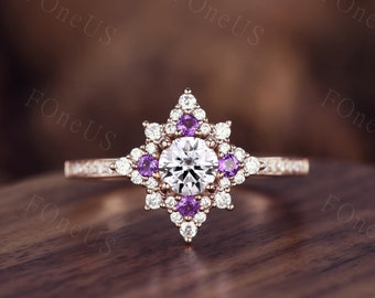 Vintage Moissanite engagement ring rose gold moissanite halo engagement ring art deco cluster amethyst wedding ring Bridal promise ring