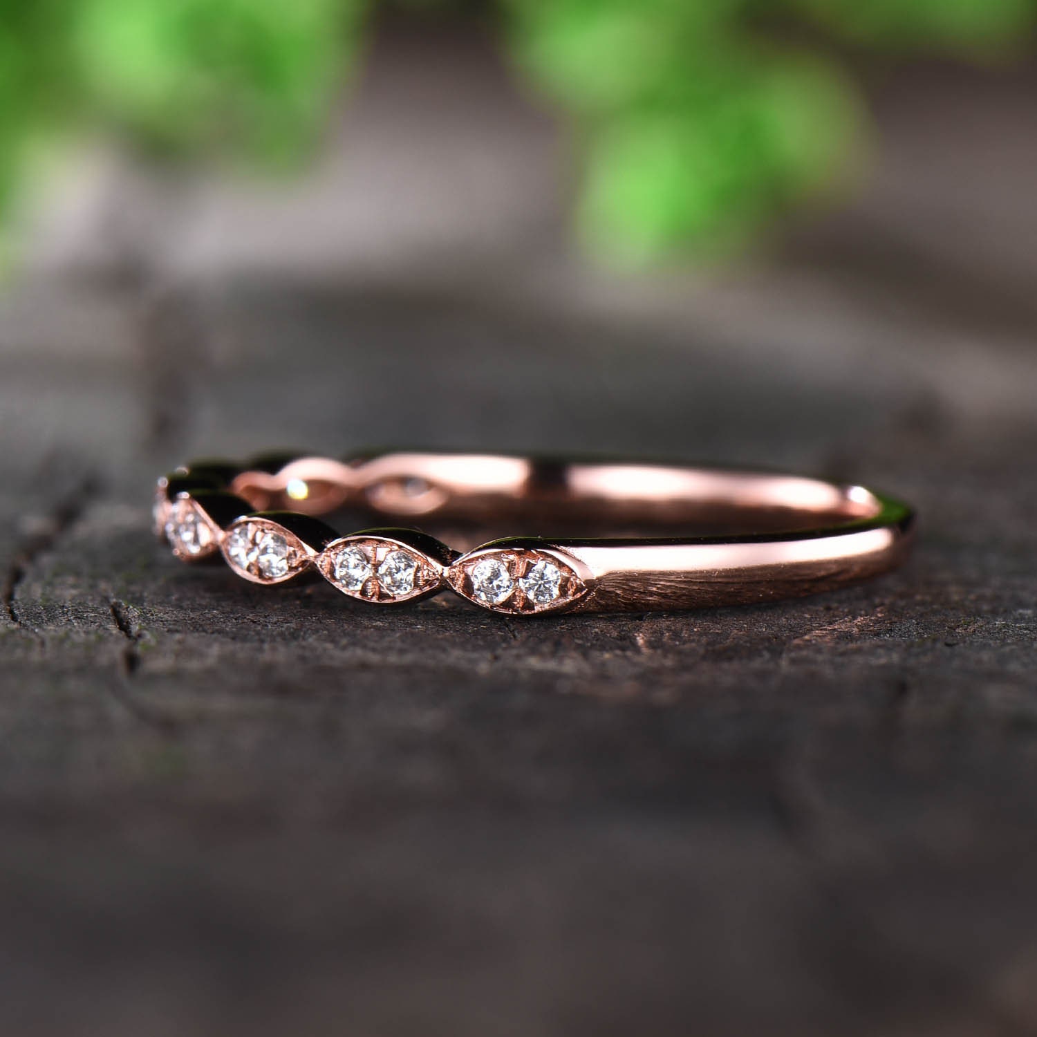 Art Deco Moissanite Wedding Band, Women 14K Rose Gold Wedding Band ...