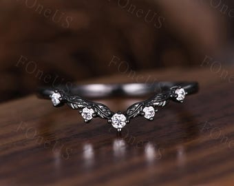 Unique Curved Moissanite Wedding Band Black Gold Ring For Women  Nature Leaf Style Stacking Matching Band Bridal Anniversary Band