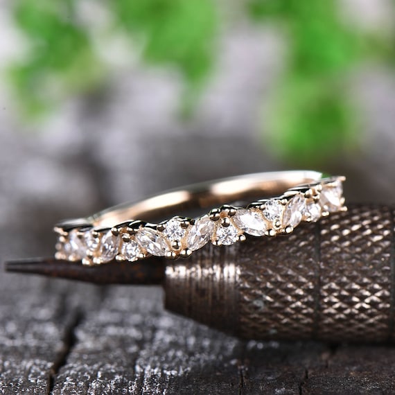 Unique Moissanite Wedding Band Women Marquise Cut Half | Etsy