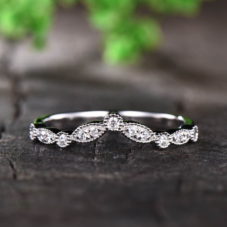 14K White Gold Moissanite Wedding Band Art Deco Half Eternity Etsy