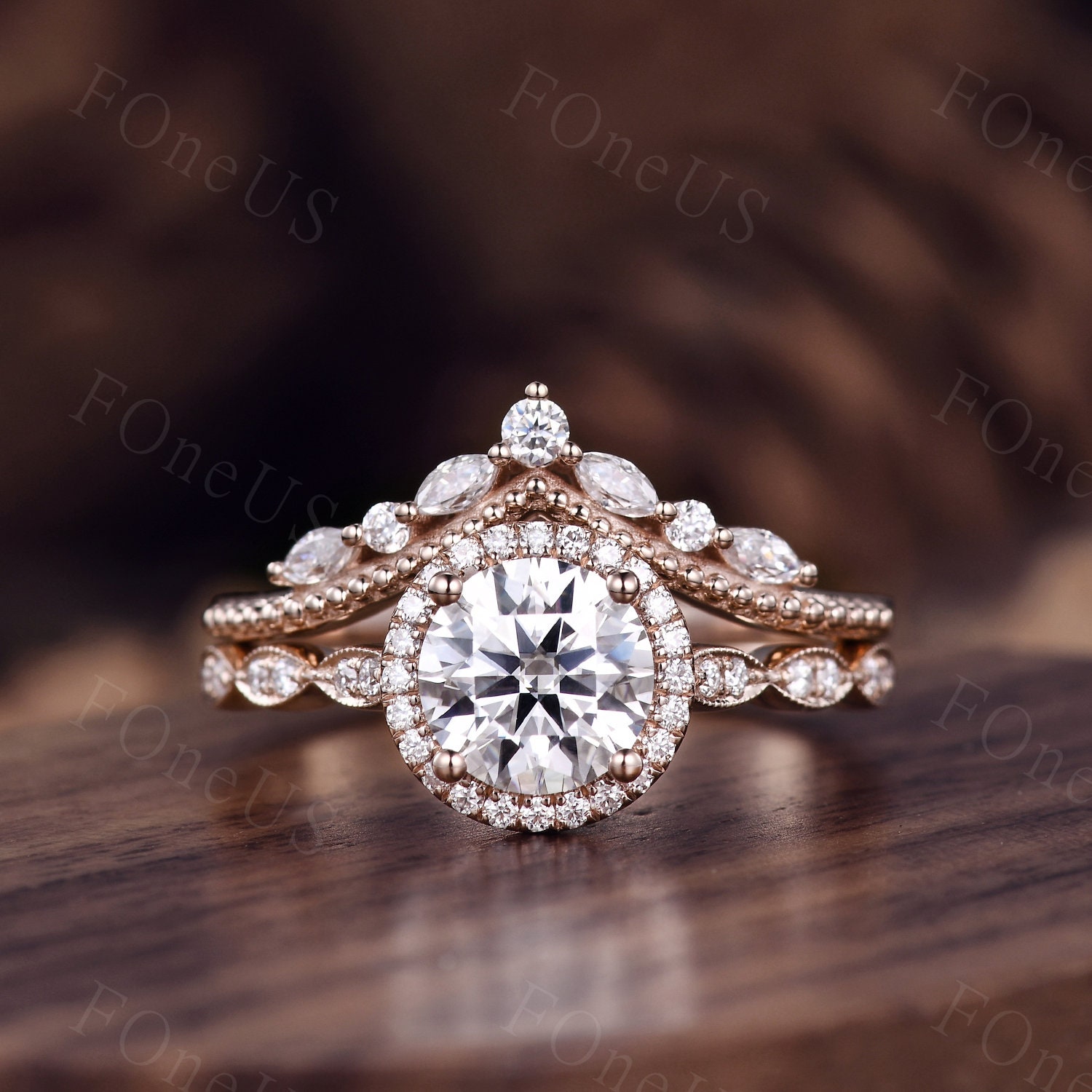 1.2CT Round Moissanite Engagement Ring Set Rose Gold Wedding