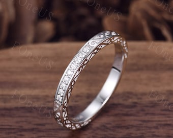 Antique Filigree Moissanite Wedding Band White Gold Engagement Band Vintage Wedding Rings for Women Bridal Anniversary Gift Platinum Ring