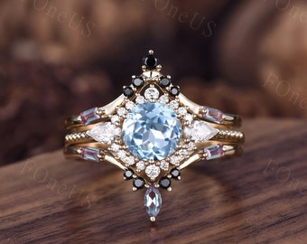 Natural Aquamarine engagement ring Set Unique solid gold Cluster engagement ring Double curved Alexandrite wedding band Bridal Promise gift