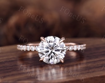 2CT Round 8mm Moissanite Wedding Ring, Vintage Hidden Halo Moissanite Engagement Ring, 14K Rose Gold Ring for Women, Bridal Promise Ring