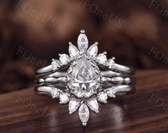 Pear shaped Moissanite engagement ring set Unique White gold engagement ring vintage double curved wedding Bridal anniversary gift for women