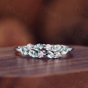 ヴィンテージモスアゲート結婚指輪 ホワイトゴールドクラスターリング マーキスカットモアッサナイトプロングセットリング 彼女へのユニークな重ねづけマッチングバンドギフト