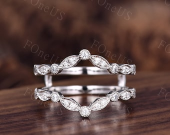 Vintage curved Moissanite wedding Band White gold double curved stacking band half eternity enhancer matching band art deco wedding ring