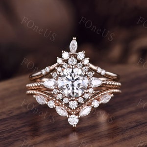 Vintage Moissanite Engagement Ring Set Rose Gold Wedding Ring Set Art Deco Marquise cut Wedding Bands Unique Bridal Promise Ring Set