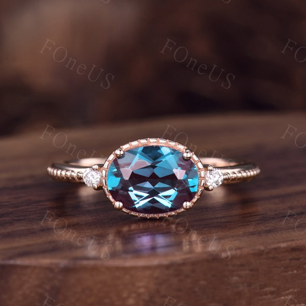 East to west alexandrite engagement ring rose gold oval cut alexandrite ring unique art deco three stone engagement ring antique bridal ring