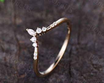 Moissanite wedding band Curved wedding band Yellow gold wedding band Dainty stacking matching band Bridal Promise band Delicate ring