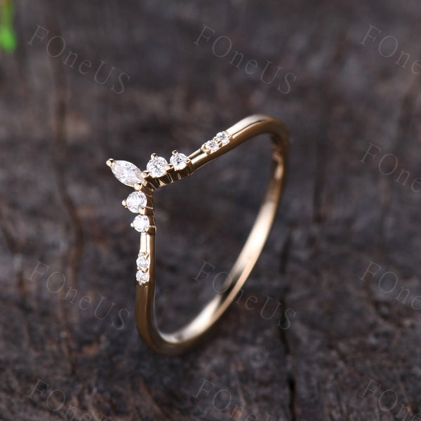 Moissanite wedding band Curved wedding band Yellow gold wedding band Dainty stacking matching band Bridal Promise band Delicate ring