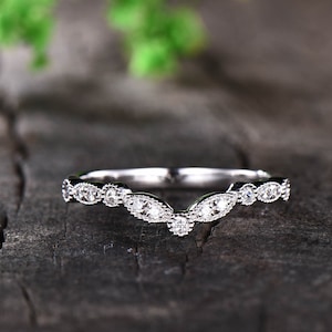 14K White Gold Moissanite Wedding Band, Art deco Half Eternity Moissanite Ring, Vintage Stacking Matching Band, Silver Ring, Gift for her