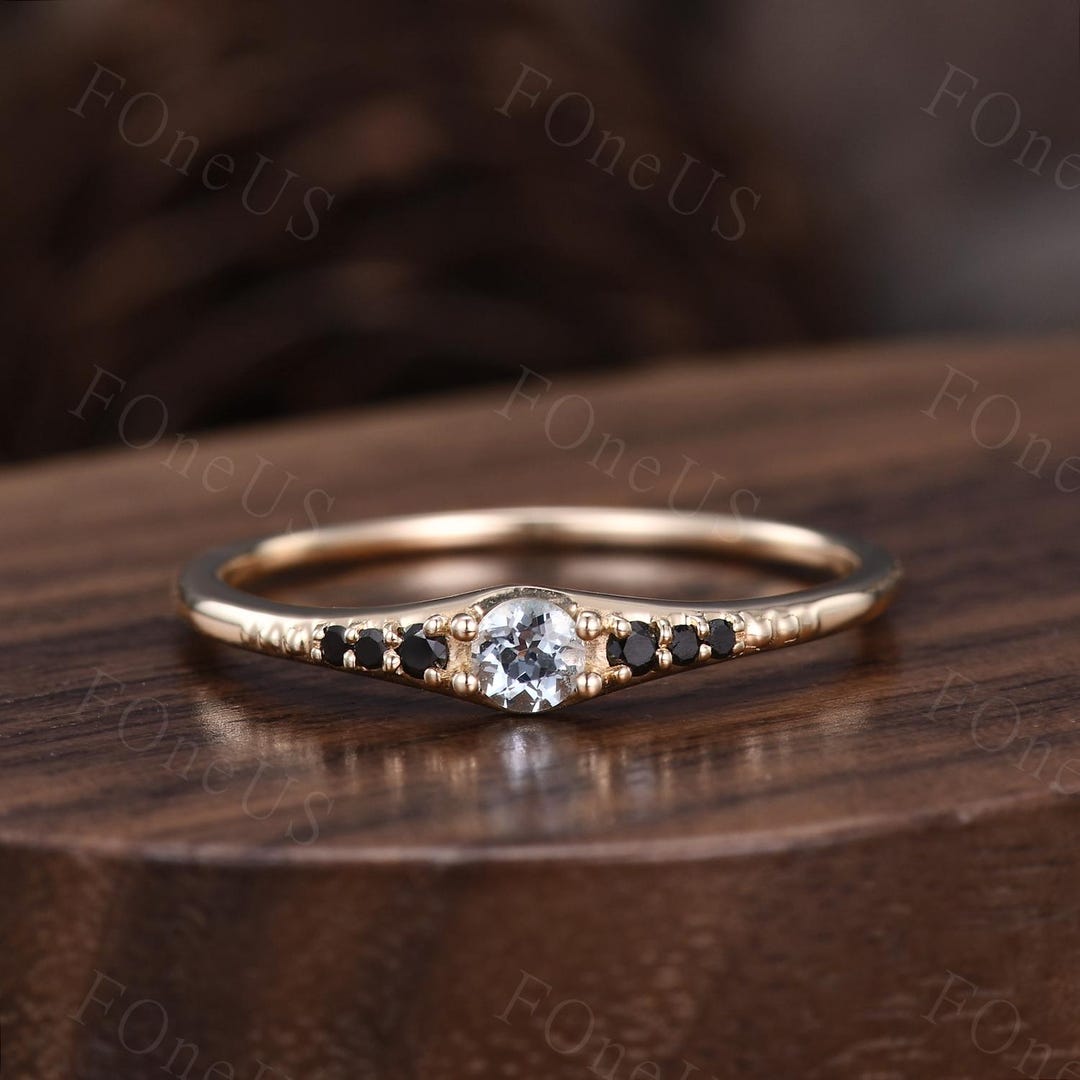 Dainty Aquamarine Black Spinel Wedding Ring 14K Solid Yellow Gold ...