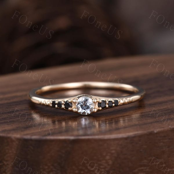 Dainty Aquamarine Black Spinel wedding ring 14K solid yellow gold stacking band unique wedding band minimalist band anniversary ring