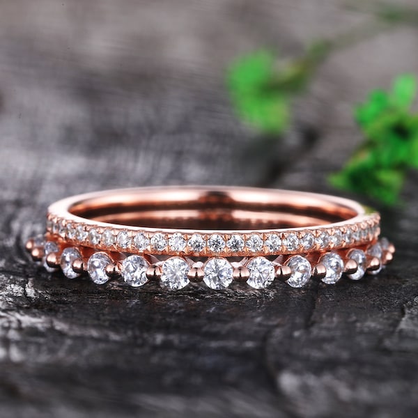 Vintage roségouden trouwring, halve eeuwigheid moissaniet band, unieke bruids bijpassende band, verjaardagscadeau voor haar, trouwring