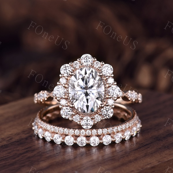 Vintage Moissanite Engagement Ring Set Unique 14K Rose Gold Engagement Ring Women Eternity Moissanite Wedding Band Bridal Promise Ring Set