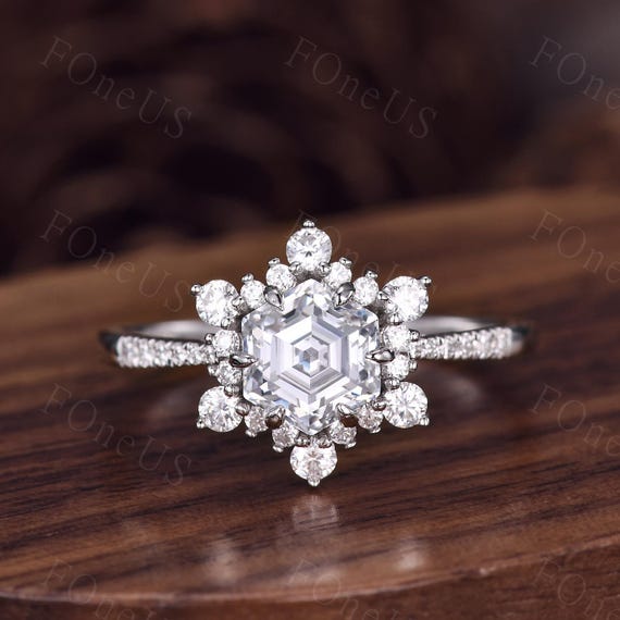 Unique Snowflake Moissanite Engagement Ring 14K White Gold Hexagon