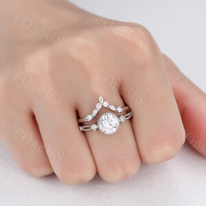 Vintage Round Cut Moissanite Engagement Ring Set 14k White Gold ...