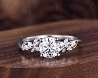 Round Moissanite Engagement ring white gold Twig Twist wedding ring branch design leaf ring unique anniversary promise bridal ring