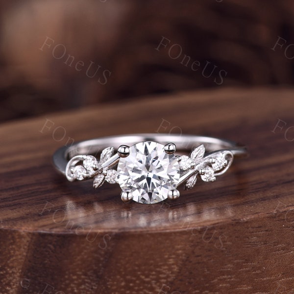 Round Moissanite Engagement ring white gold Twig Twist wedding ring branch design leaf ring unique anniversary promise bridal ring