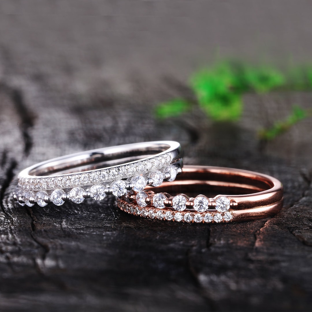 Round Cut Moissanite Wedding Band 2mm Half Eternity Band in Solid Rose ...