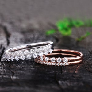 Round cut Moissanite Wedding Band 2mm Half Eternity Band in Solid Rose/White Gold Moissanite Wedding Band Matching Band