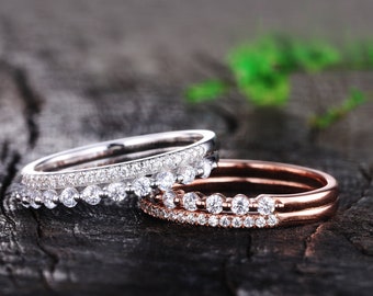 Round cut Moissanite Wedding Band 2mm Half Eternity Band in Solid Rose/White Gold Moissanite Wedding Band Matching Band