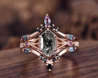 Vintage Salt and Pepper Diamond Engagement Ring Set Unique Double Curved Alexandrite Wedding Band Antique Milgrain Hexagon cut Bridal Set