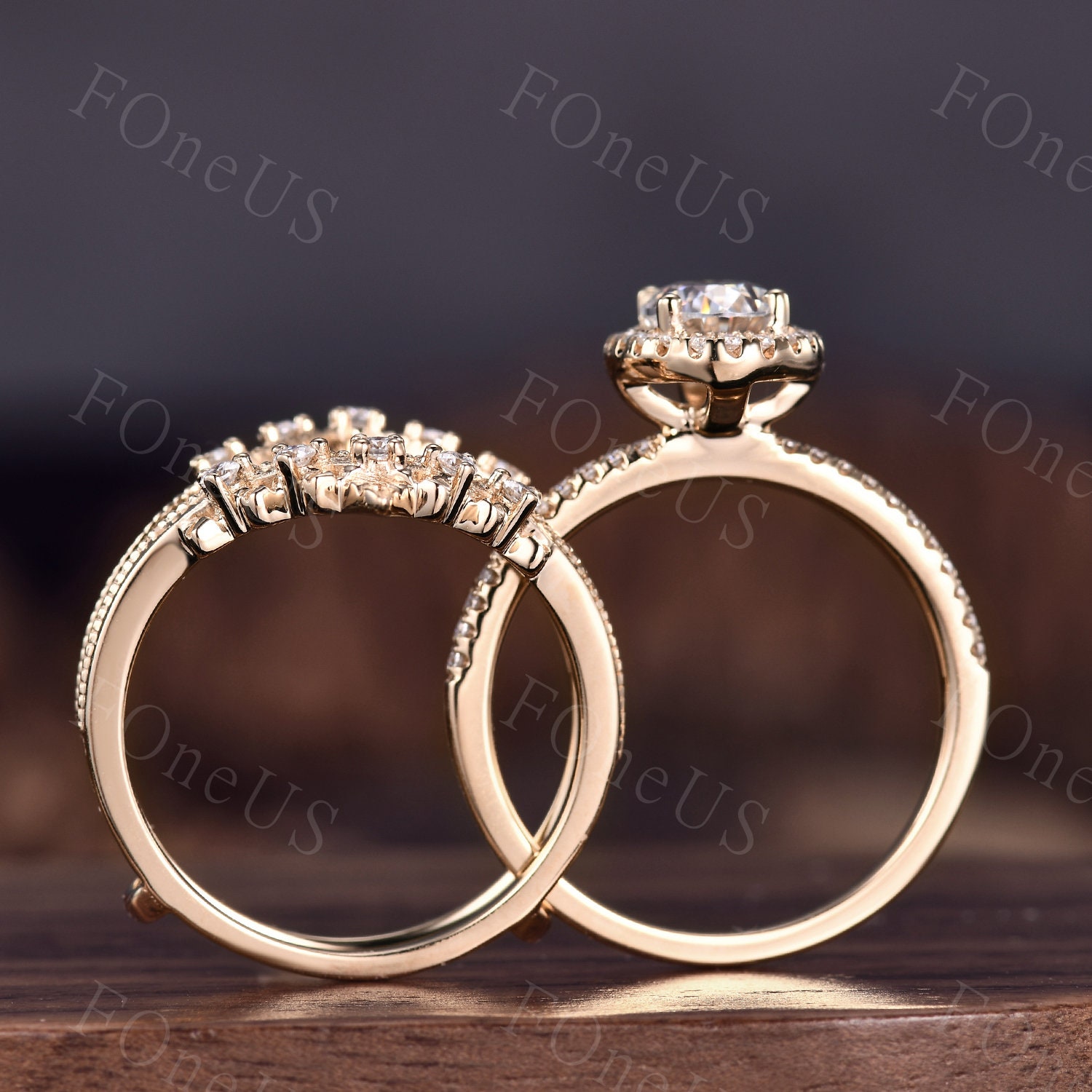 Oval Moissanite Engagement Ring Set Solid 14K Yellow Gold Vintage ...