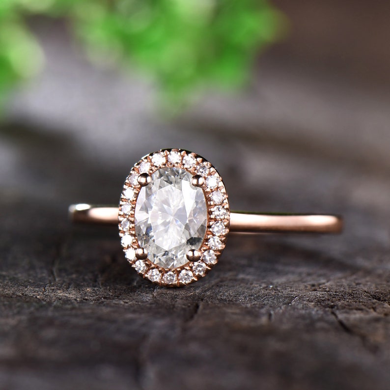 Oval Moissanite Engagement Ring Rose Gold Plain Gold Band Halo Etsy