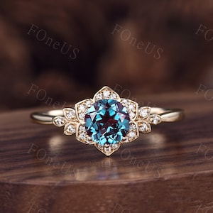 Vintage round Alexandrite engagement ring antique moissanite flora ring 14k yellow gold ring June Birthstone ring Anniversary Promise ring