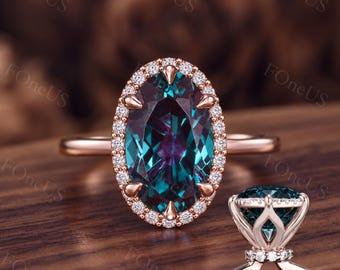 5ct-8x12mm Oval Cut Alexandrite Engagement Ring Double Halo With Hidden Halo High Tulip Setting Color Change Gemstone Ring 14k Rose Gold