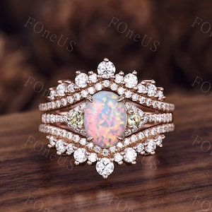 Vintage Weißer Opal Verlobungsring Frauen Roségold Verlobungsring Einzigartige Doppel gewölbte Moissanit Verlobungsring Passendes Band Brautring