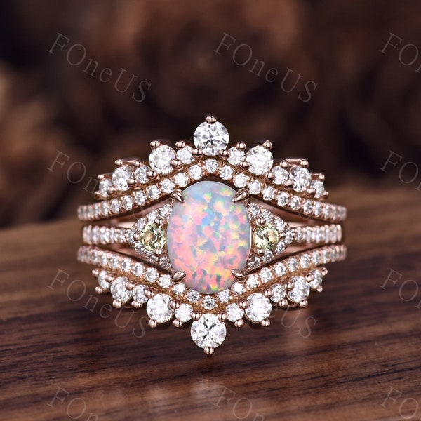 Vintage White Opal engagement ring set women rose gold engagement ring Unique Double curved moissanite stacking matching band Bridal Ring