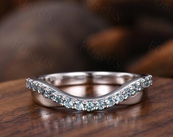 Unique Curved Alexandrite Wedding Band 925 Silver Wedding Band Stackable Ring Matching Band Ring 14K/18K White Gold Band Promise Bridal Ring