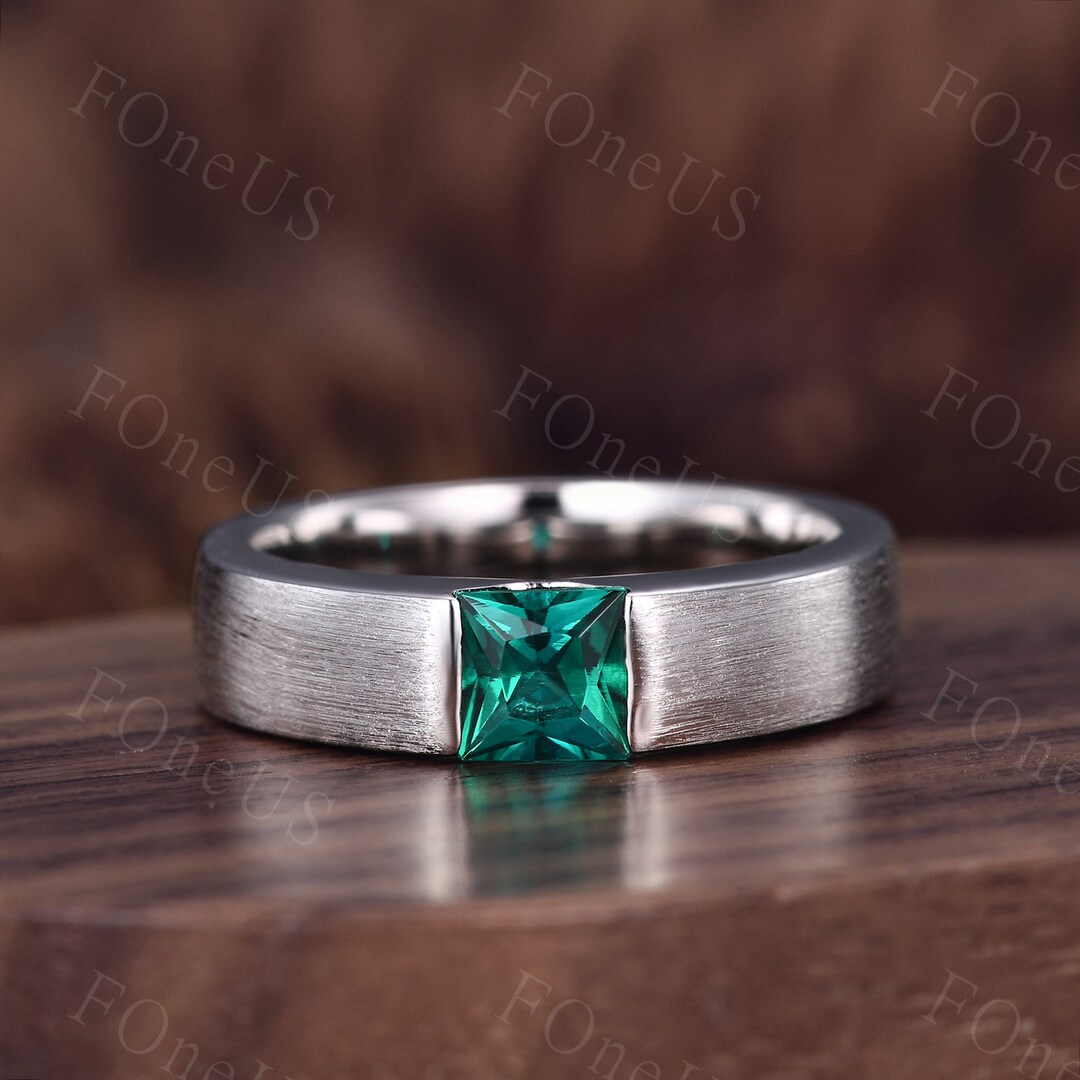 Mens Green Emerald Wedding Band Princess Cut Green Emerald Mens Wedding Band 5mm Solid Plain