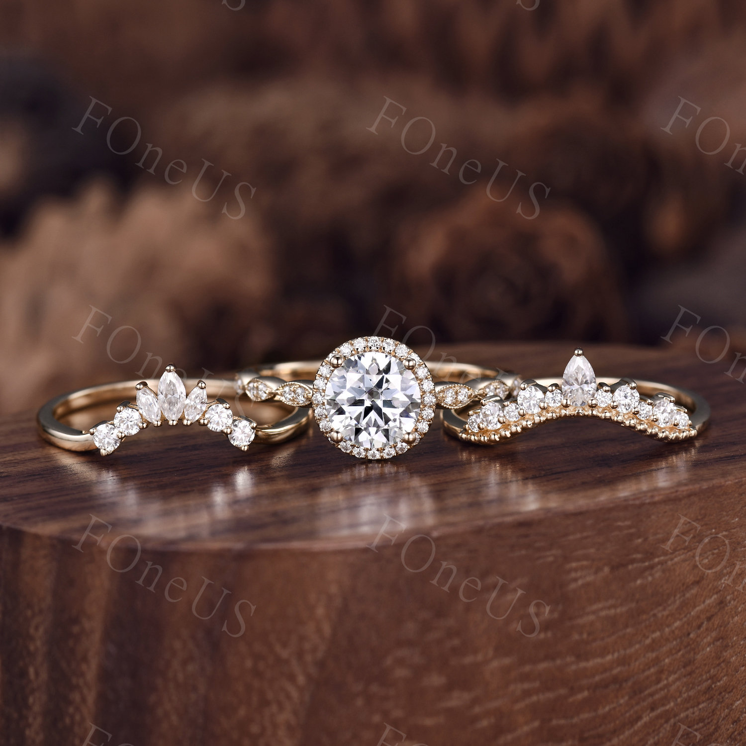 Round Cut Moissanite Engagement Ring Set Vintage Unique