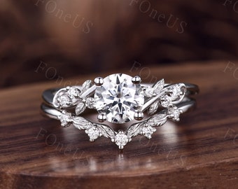Vintage round moissanite engagement ring set 14k white gold twig leaf stacking ring nature branch ring unique art deco bridal promise ring