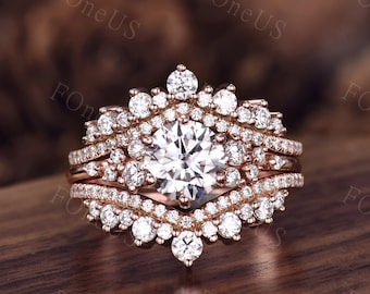 Vintage Round Cut Lab Grown Diamond Cluster Engagement Ring Set Unique 14k Rose Gold Double Curved Wedding Band Bridal Promise Ring Set