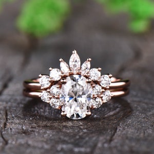 14K Solid Rose Gold Moissanite Ring Set - 1.5CT Oval Moissanite Bridal Set - Oval Engagement Ring- Curved Stacking Band - Anniversary Gift