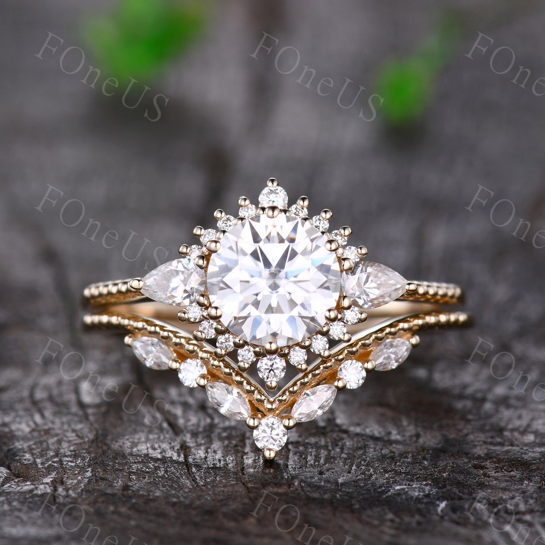 Vintage Moissanite Engagement Ring Set Unique Solid Gold Engagement ...