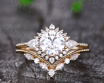 Vintage Moissanite engagement ring set unique solid gold engagement ring women marquise cut wedding band Bridal Promise ring Platinum ring