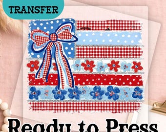 Faux Patchwork USA Flag DTF Transfer, Floral 4th of July Quilt Shirt Design