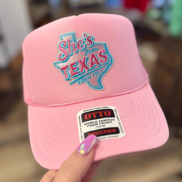 Pink Texas Trucker Hat, "She's From Texas" Patch, Country Concert Style