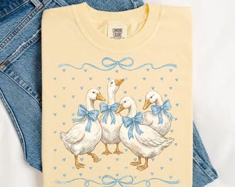 Camiseta Vintage Blue Bow Geese Comfort Colors, Camiseta con estampado Cottagecore Coquette
